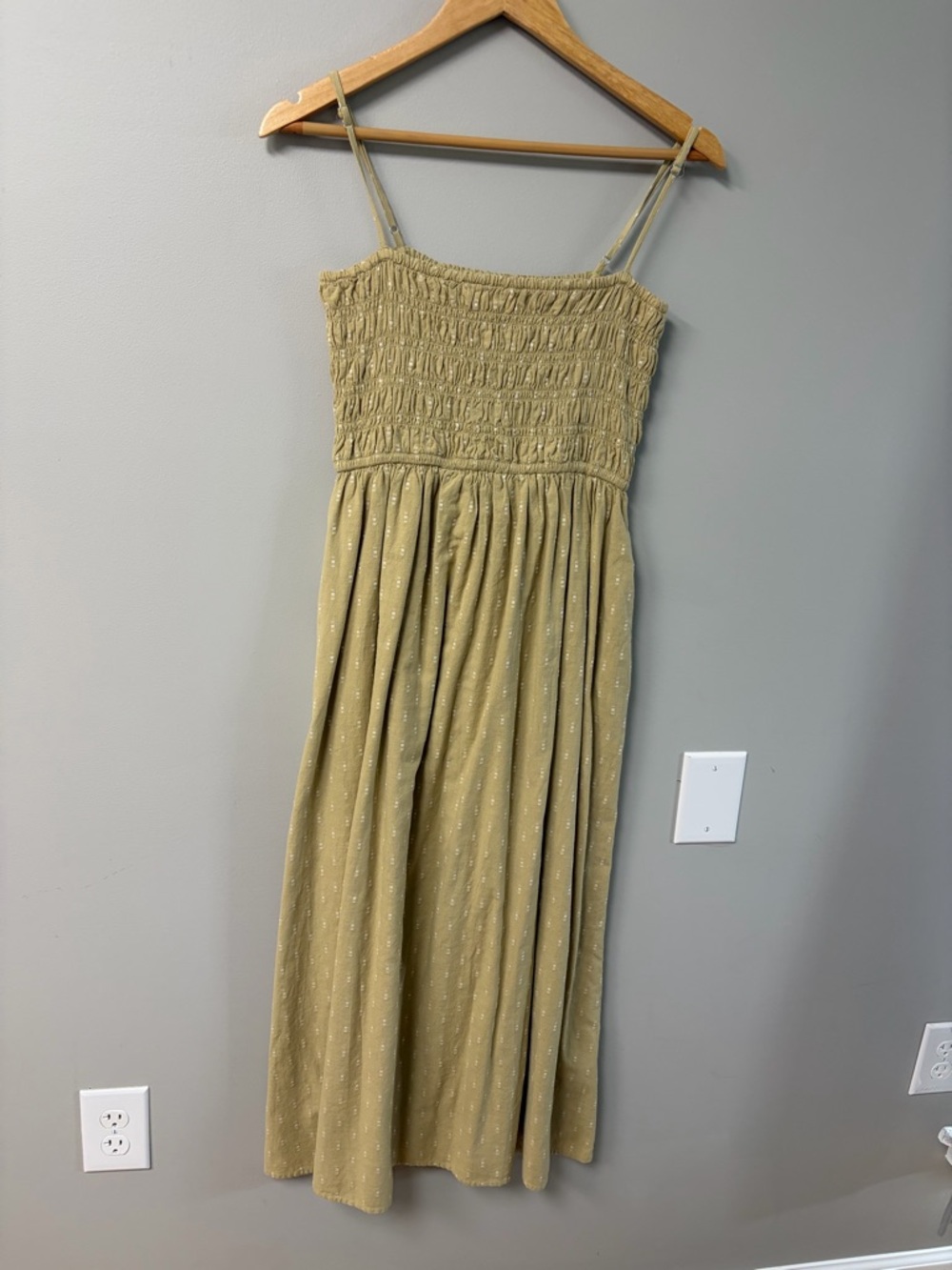 Madewell Olive Smocked Spaghetti-Strap Midi Dress